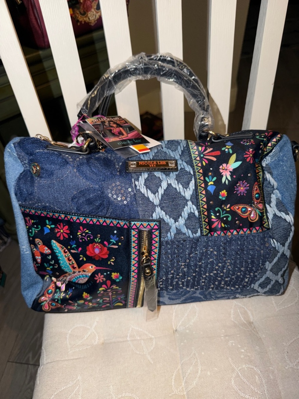 Nicole Lee Blue Denim Patchwork Satchel with Floral & Hummingbird Accents